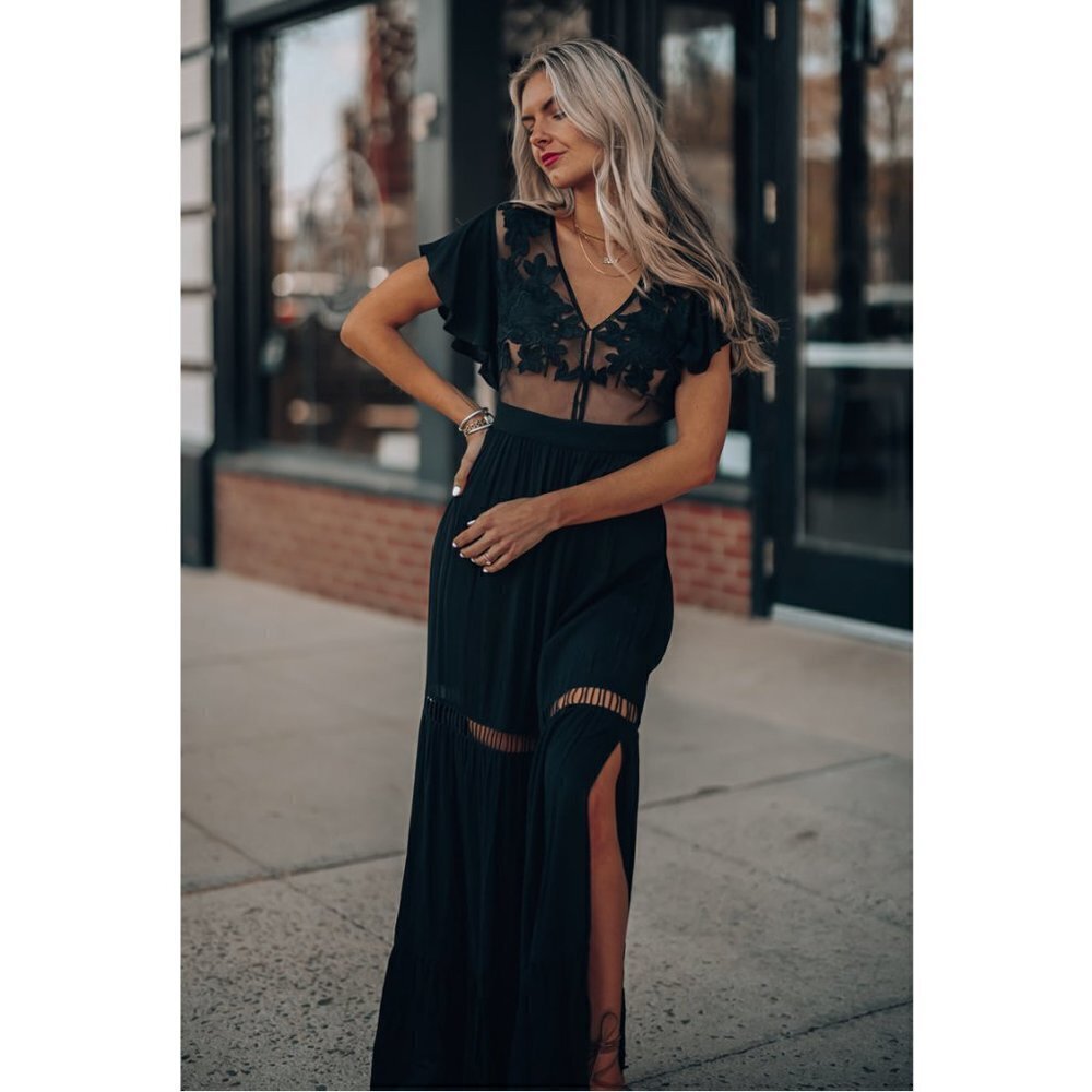 NWT Cleobella Amery Sheer Lace Cut Out Maxi Dress Black Floral Ethereal Boho